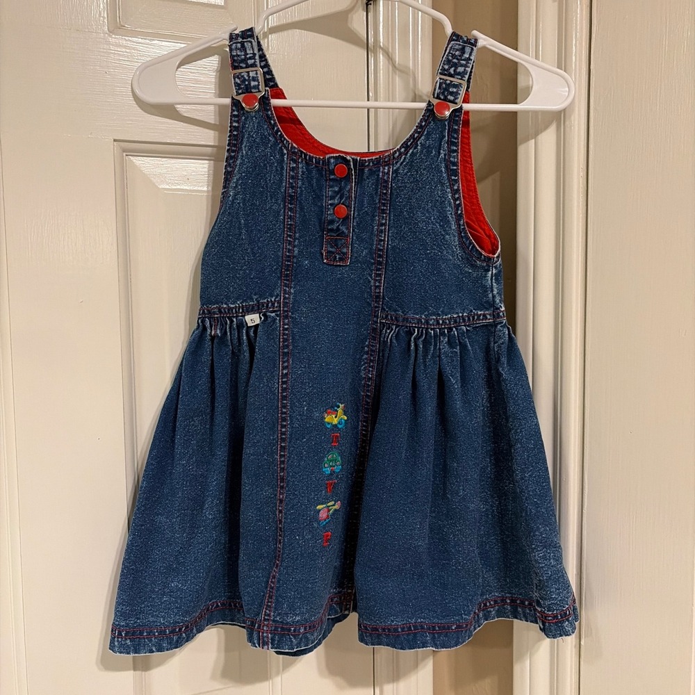 TVP Kids Unisex Denim Jumper Dress Blue Acid Wash 5 Vintage Vehicle Embroidery